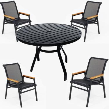 Imagem de Mesa 1,00m Ripado Alumínio + 4 Cadeiras Praia Tela Sling área Externa Piscina Jardim Preto