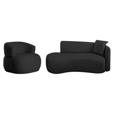 Imagem de Kit Divã Recamier 150cm E Poltrona Luxo Suíça Lado Esquerdo Linho Preto