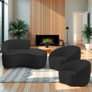 Imagem de Kit Divã Recamier Orgânico Marrocos 150cm Lado Direito E 2 Poltronas Amore Bouclé Preto