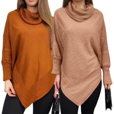 Imagem de Kit 2 Ponchos Bico Feminino Capa Tricô Mousse Liso Gola Alta Inverno C