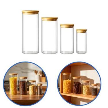 Imagem de Kit 4 Potes De Vidro Redondo Hermético Tampa de Bambu - CASAVITA