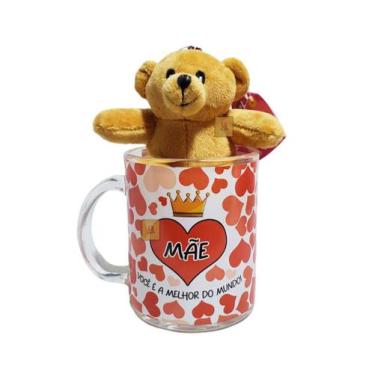 Imagem de Caneca de Vidro Dia das Mães 330ml + Urso Pelúcia Presente Cor:Coração