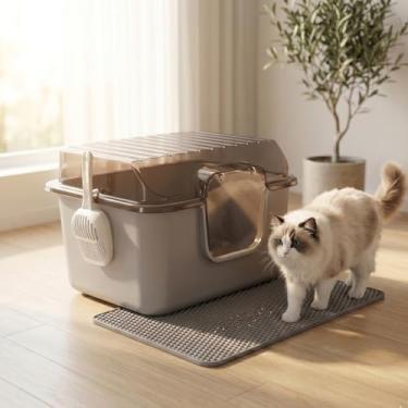 Imagem de Oneluck Caixa de areia grande para gatos com coberta, tapete e pá, caixa fechada para gatos com tampa e aba da porta da frente para portabilidade e privacidade, cinza