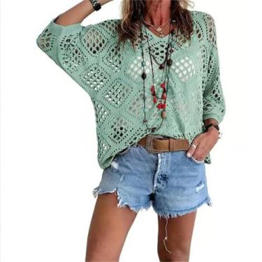 Imagem de Blusa de crochê feminina, estilo boêmio, bege, decote em V, verde, 4G 
