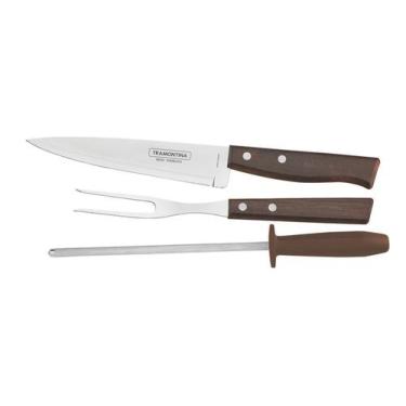 Imagem de Jogo para Churrasco Tramontina em Aço Inox com Cabo em Madeira Marrom 