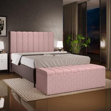 Imagem de Kit Cabeceira Cama Box Casal 140cm Dália W01 Fixação no Box Madeira Maciça Linho Rosa Lyam Decor