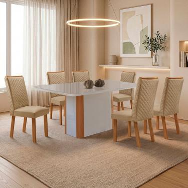 Imagem de Conjunto de Jantar Isadora 6 Lugares Tampo MDF com Vidro Serigrafado Off White 180CM Moderna
