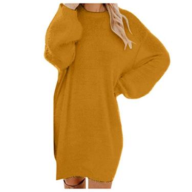 Imagem de Suéter feminino moderno, de pelúcia, quente, de manga comprida, gola redonda, pulôver, para outono e inverno, suéteres longos, P-3GG, Dourado, XXG