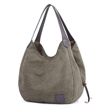 Imagem de Bolsa feminina de lona Dour com vários bolsos, bolsa de ombro moderna de algodão, bolsa sacola, Verde, Medium