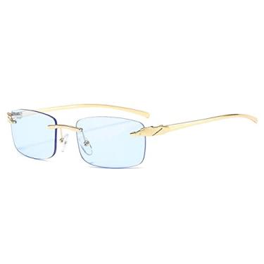 Imagem de Óculos de sol retangulares sem aro vintage exclusivo chita feminino cores doces lentes transparentes designer masculino óculos de sol, azul dourado