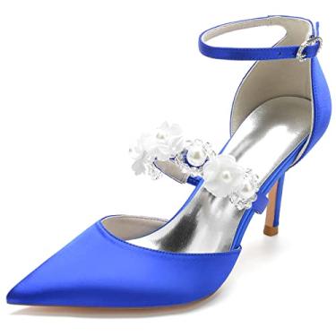 Imagem de Sapatos femininos Mary Jane noiva flor casamento salto alto bico fino salto alto tira no tornozelo pérolas, Azul, 7.5