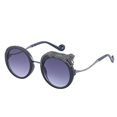 Imagem de Óculos de sol redondos femininos retrô leopardo óculos de sol para senhoras anti-luz azul óculos vintage, arma c2 cinza duplo, com uma bolsa