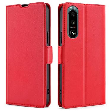 Imagem de DENSUL Capa de couro para Sony Xperia 5 IV, carteira com suporte de livro, visualização magnética, protege o slot de cartão do telefone proteção contra quedas, vermelha