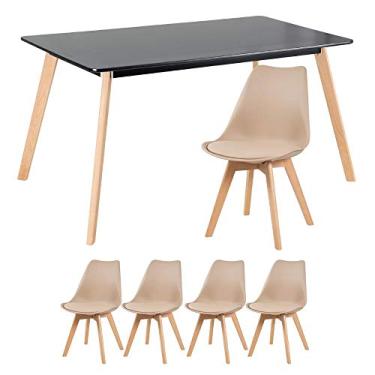 Imagem de Loft7, Mesa de jantar retangular 80 x 140 cm preto + 4 cadeiras estofadas Leda nude