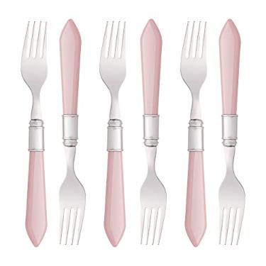 Imagem de CJ 6 GARFOS P/MESA DE AÇO INOX C/CABO DE PLÁSTICO MOTHER PEARL ROSA 21cm