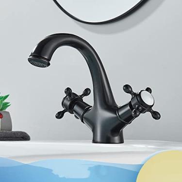 Imagem de Torneira da pia do vaso de alça dupla montada no convés de latão antigo torneira do lavatório do banheiro torneira misturadora de água quente e fria, bronze preto