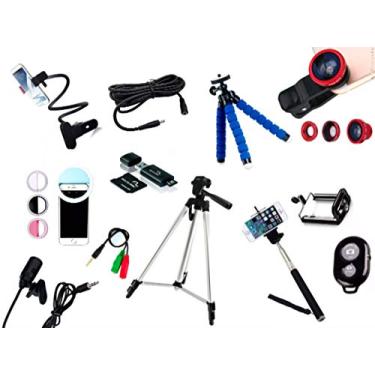 Imagem de Kit Youtuber 10x1 - Microfone Lapela + LED Ring + Tripé 1,30m + Mini Tripé Octopus + Extensor P2 + Suporte Articulado + Kit Lentes 3x1