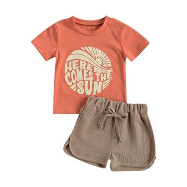 Imagem de Conjunto de 2 peças de roupas de verão para bebês meninos, camiseta de manga curta, shorts de cintura elástica, A - o sol vem laranja + linho, 12-18 meses
