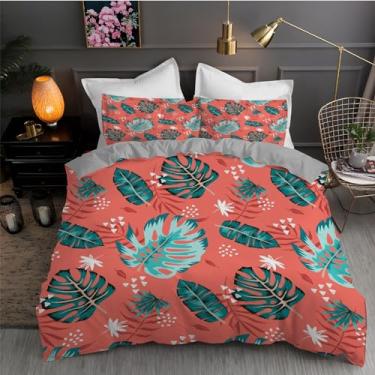 Imagem de Jogo de cama com 3 peças de capa de edredom vermelho com folhas de tartaruga e folhas macias texturizadas, 172,7 x 228,6 cm e 2 fronhas, com fecho de zíper e laços