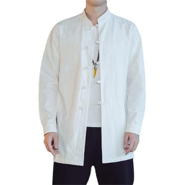 Imagem de Camisa masculina manga longa gola alta algodão vintage top masculino sólido casual streetwear camisa masculina longa hombre, Branco, XXG