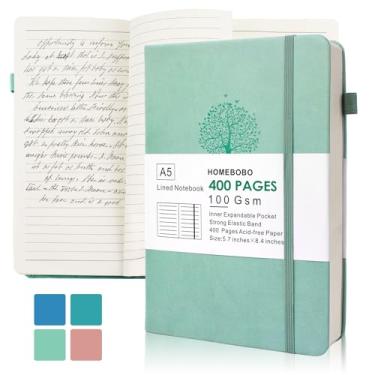 Imagem de HOMEBOBO Diários para escrever, caderno pautado em couro A5 com 400 páginas, diário pautado universitário de 100 g com papel grosso, capa dura com bolso interno e suporte para caneta, verde azulado