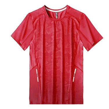 Imagem de Camiseta masculina atlética manga curta ajuste solto camuflagem secagem rápida 4-way stretch academia treino, Vermelho, G