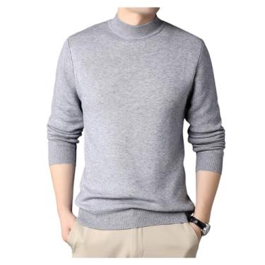 Imagem de Suéter masculino de gola redonda de malha de cor sólida suéter fino justo pulôver camada de base, Cinza, XXG