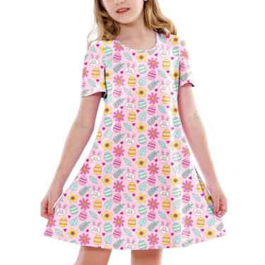Imagem de Deerose Vestidos de Páscoa para meninas manga curta verão tropical camiseta vestido 5-14 anos, Coelhinho da Páscoa, rosa, 5-6 Anos