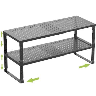 Imagem de Jojocross Organizador de prateleira expansível para cozinha, empilhável, ajustável, despensa, banheiro, bancada, mesa (2 pacotes/preto/médio - com furo)