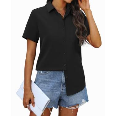 Imagem de siliteelon Camisas femininas de chiffon de botão de manga curta para mulheres, casuais, abotoadas, blusas, Preto, PP