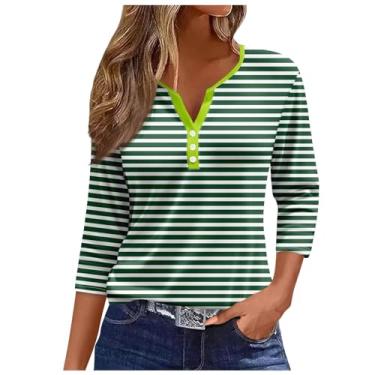 Imagem de Camisetas femininas de manga 3/4 de comprimento com botões e gola Henley Plus Size, camisetas confortáveis com estampa floral, Ofertas relâmpago verde, G