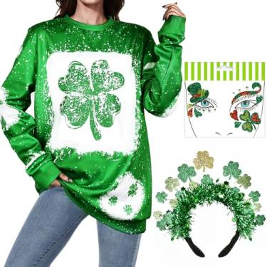 Imagem de Neragron Moletom feminino do Dia de São Patrício, camiseta verde de manga comprida com faixas de cabelo do Dia de São Patrício, adesivos de trevo, Trevo de quatro folhas, GG