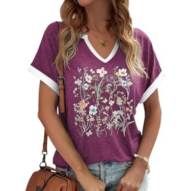 Imagem de Earlymemb Camiseta feminina vintage com estampa de flores e gola V Boho floral flores silvestres casual Cottagecore camiseta manga curta, J-a-roxo, P
