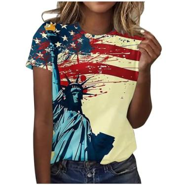 Imagem de Camiseta feminina 4 de julho moderna de verão gola redonda manga curta blusas elegantes camisas patrióticas camiseta de ajuste solto, A03 multicolorido, XXG