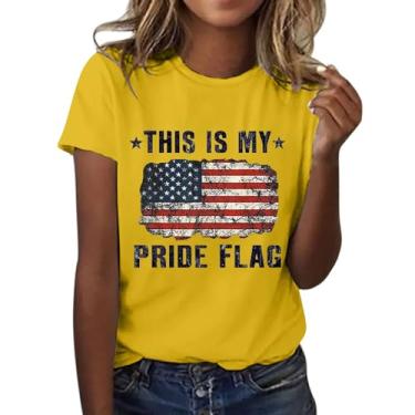 Imagem de Camisetas femininas 4th of July com estampa de letras da bandeira americana manga curta patriótica camisetas listras estrelas dos EUA, nº 24 - amarelo, G