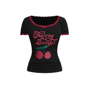 Imagem de SHENHE Camiseta feminina com estampa de cereja e gola canoa, manga curta, laço, Preto, G