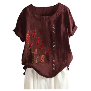 Imagem de Lainuyoah Camisetas femininas de linho de algodão com caimento solto, manga curta, estampa floral, gola redonda, blusa bordada boho retrô, C, vermelho, M