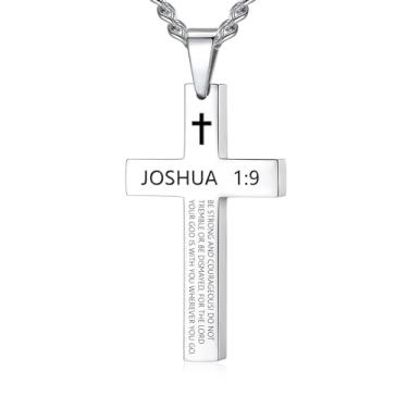 Imagem de REVEMCN Colar de cruz inspiradora com versículo bíblico para homens, meninos, colar com pingente de cruz de prata preta simples de aço inoxidável para homens 50 a 61 cm, joia de presente de fé, 24