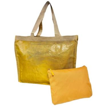 Imagem de Kit Bolsa De Praia Dourada Feminina Com Necessaire Piscina Verão Viagem Sacola