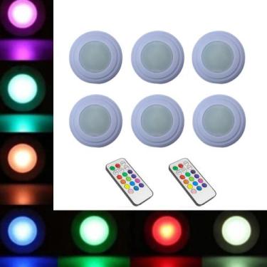Imagem de Kit 6 Luminárias Lâmpadas Led Spots Redondas Adesivas RGB Coloridas Mu