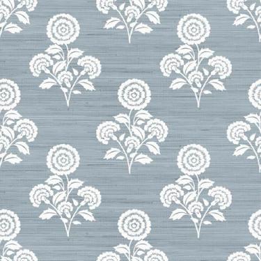 Imagem de Papel de parede com estampa de bloco florido azul mineral sintético para remover e colar