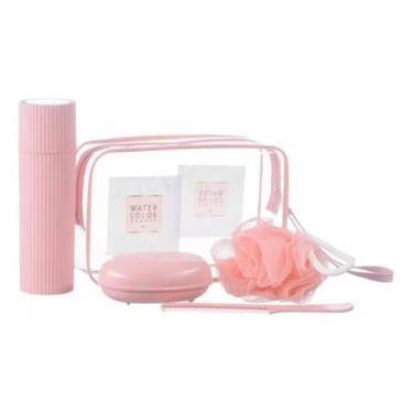 Imagem de Kit Viagem 5 Peças Organizador Banho Esponja Porta Escova - PGB, Rosa