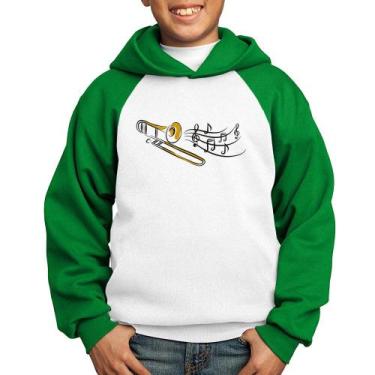 Imagem de Moletom Infantil Trombone Notas Musicais - Foca na Moda, Branco, Verde