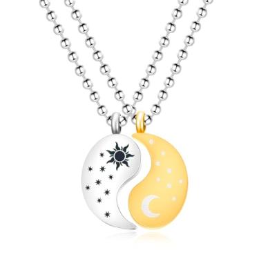Imagem de Vivaday Conjunto de colar casal sol e lua | corrente de contas de aço inoxidável 2 peças quebra-cabeça Yin Yang Colares combinando amizade | Representa orientação e sonhos YA4562, Medium, Aço
