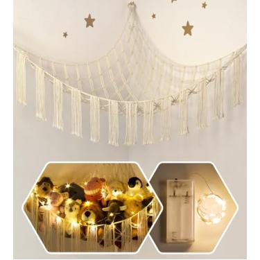 Imagem de Canto de rede de bichos de pelúcia com luz LED - Rede de pelúcia grande para armazenamento de brinquedos - Organizador de pendurar com suporte de animais fofos - Decoração de quarto de bebê infantil