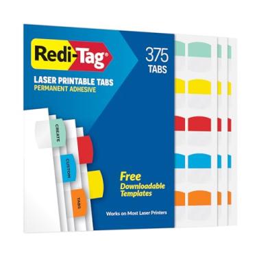 Imagem de Redi-Tag Abas para impressão a laser, abas permanentes, etiquetas adesivas personalizáveis, 5 cores sortidas: amarelo, vermelho, azul, verde, laranja, 2,9 cm x 3,2 cm, 375 por pacote (B39020)
