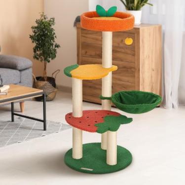 Imagem de Happy & Polly Árvore de gato fofa – 102,88 cm Fruit World Cat Tower para gatos internos, condomínio de árvore de gato com postes de arranhar de sisal, rede aconchegante, poleiros de morango de