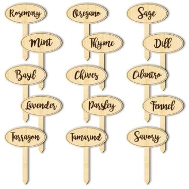 Imagem de arricraft 15 etiquetas de plantas de ervas, marcadores de madeira, etiquetas ovais de jardim, com nome de erva impresso, estacas de jardim de madeira para ambientes internos e externos, sementes em