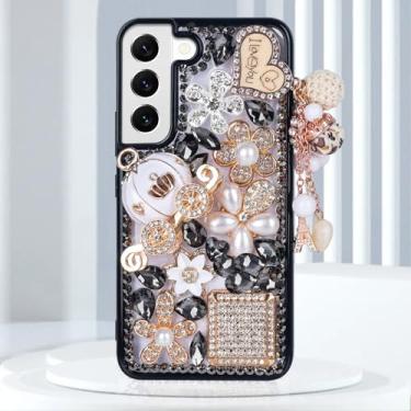 Imagem de Guppy Capa para Galaxy A56 Bling Case, 3D Bling Brilhante Strass Diamante Pérola Pingente Feito à Mão Torre de Ferro Abóbora Carro Flores Capa Protetora Macia Antiqueda para Galaxy A56 (Preto)