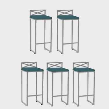 Imagem de Kit 05 Banqueta Alta Com Encosto Ema Balcão Bar Cozinha Bistrô Ferro Cinza Suede Azul Turquesa - Ahz Móveis